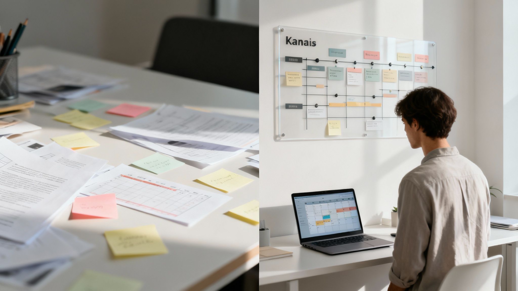 An organized marketing team collaborating around a digital dashboard, illustrating effective workflow management.