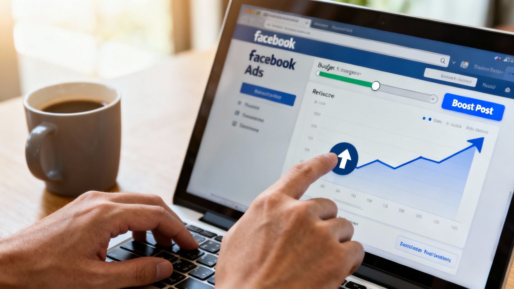 A person's hands on a laptop managing Facebook Ads, showing an upward trending graph and a coffee cup.