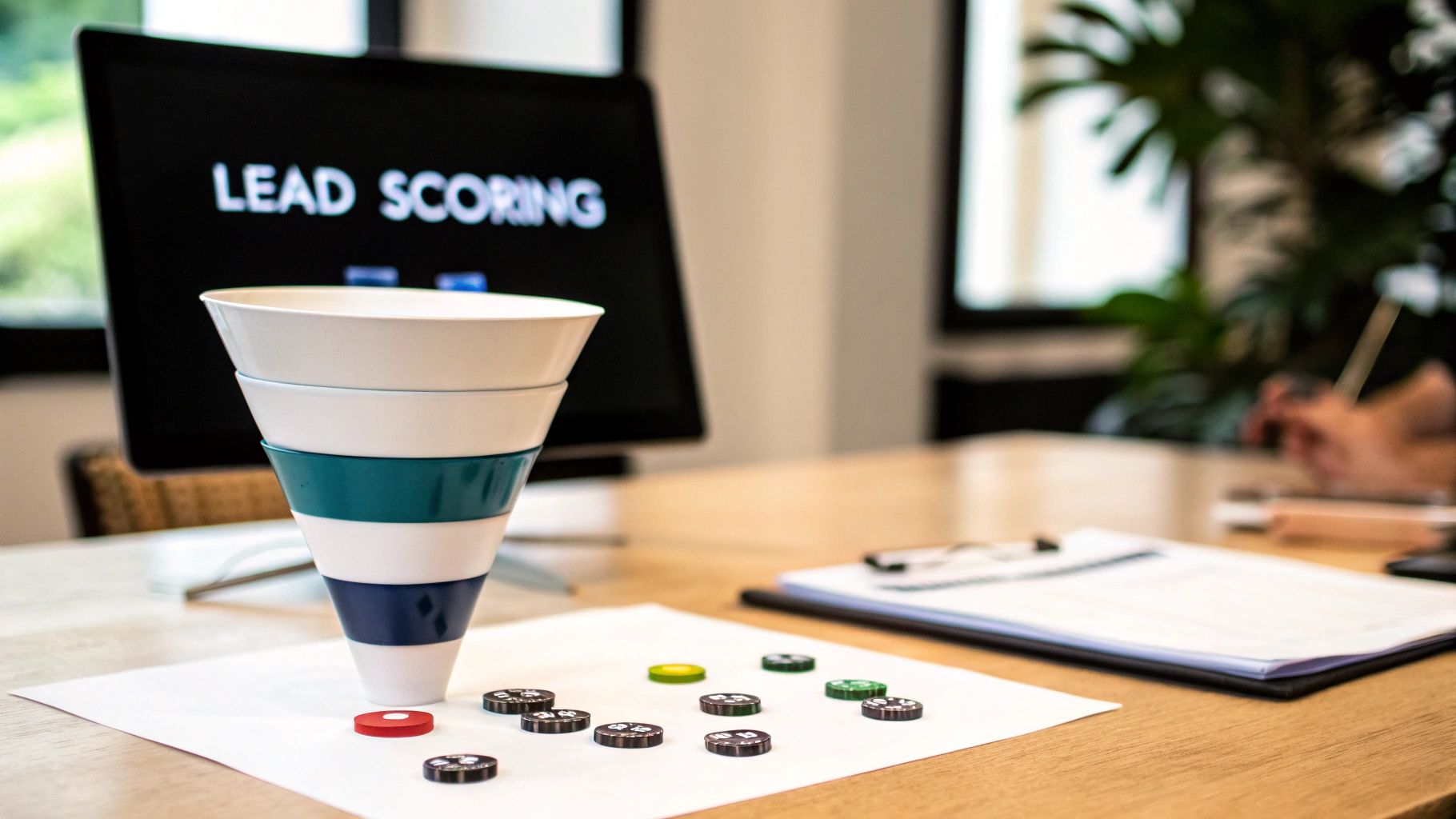 A visual representation of lead scoring with a funnel, colorful chips, and a monitor displaying 'LEAD SCORING'.