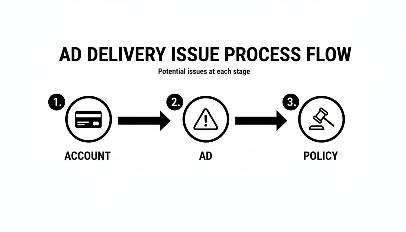 A flowchart illustrates the ad delivery issue process: Account, then Ad, then Policy.