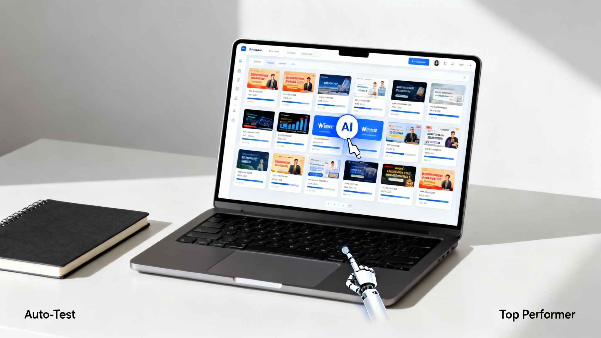 A robotic hand interacts with an AI button on a laptop screen displaying a content management system.