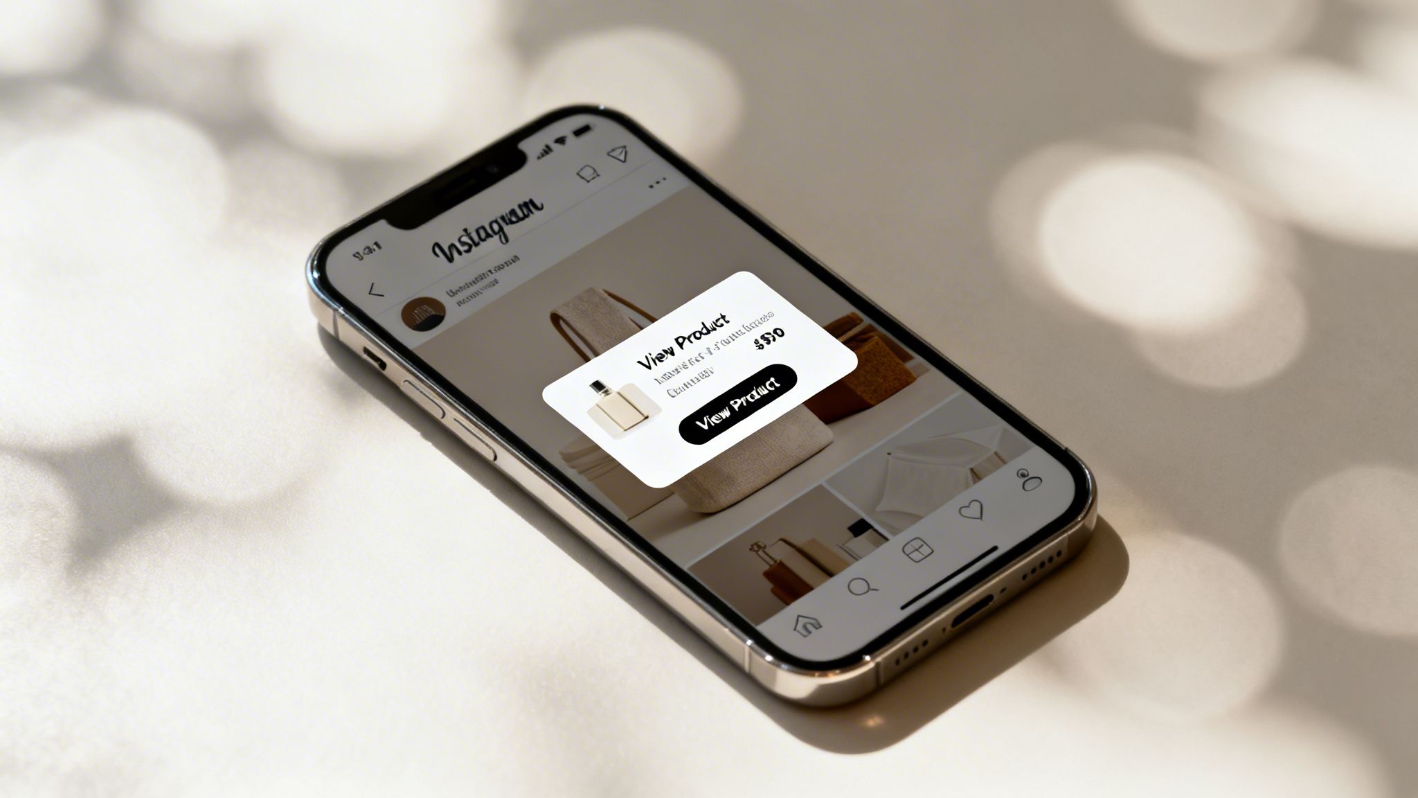 An iPhone displays an Instagram post with a product tag for a perfume bottle, showing price and a 'View Product' button.