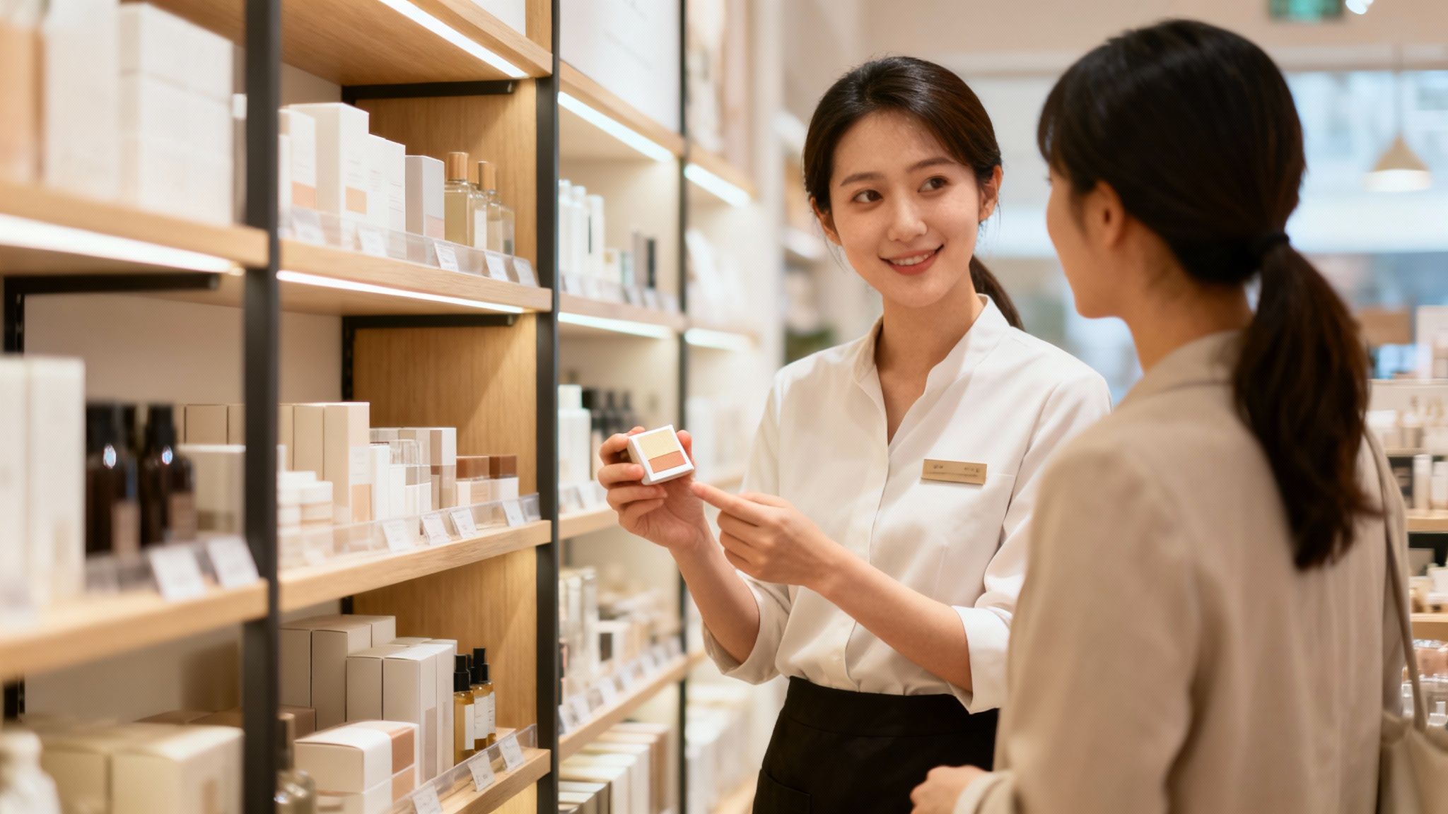Smiling beauty consultant demonstrates a makeup product to a client in a well-lit cosmetic shop.