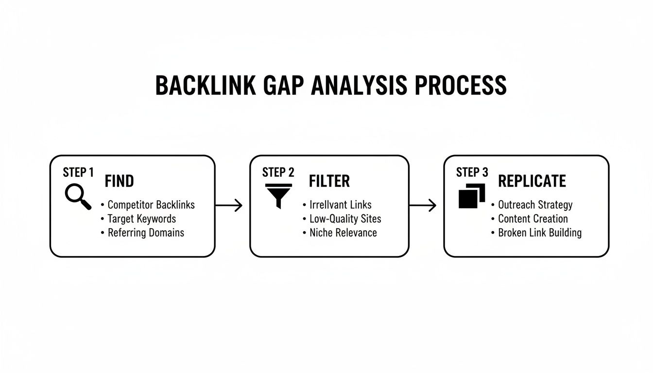 Backlink Gap Analysis Process with steps to find, filter, and replicate links for SEO.