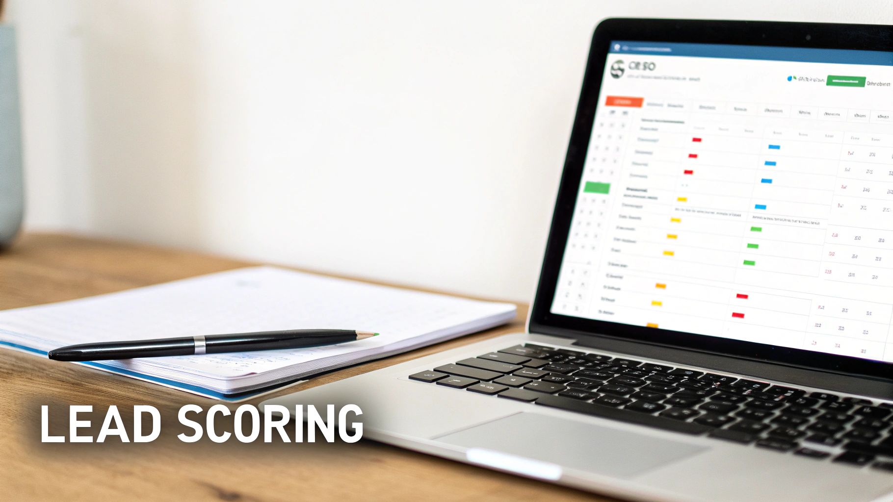 A laptop displaying a lead scoring dashboard with a notebook and pen on a wooden desk.