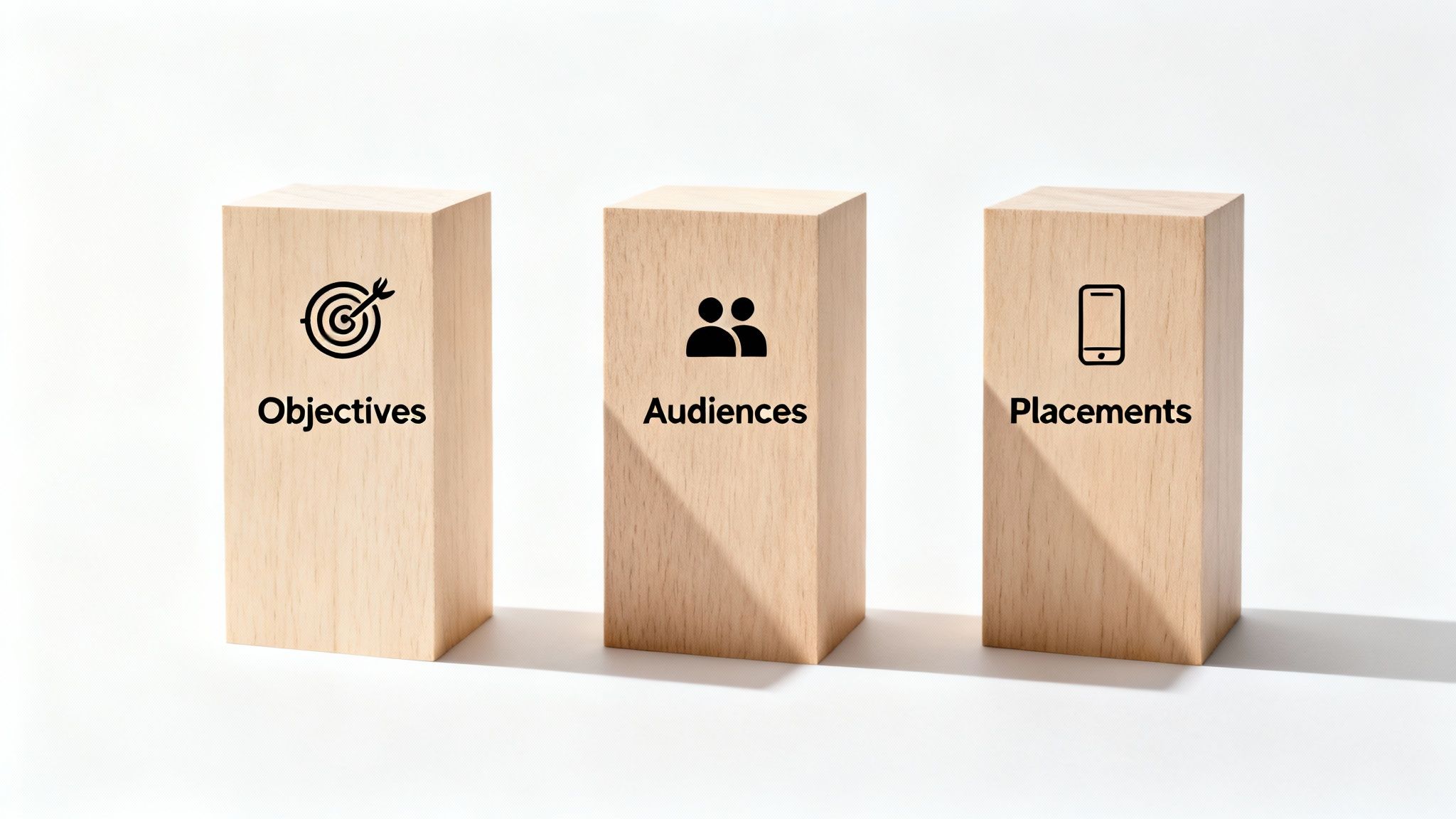 Three wooden blocks illustrating key marketing concepts: Objectives, Audiences, and Placements.
