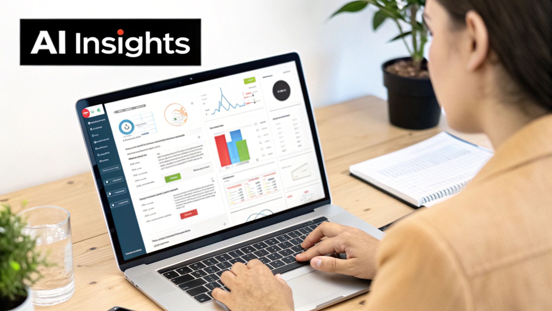A person typing on a laptop, analyzing an AI insights dashboard with graphs and data.