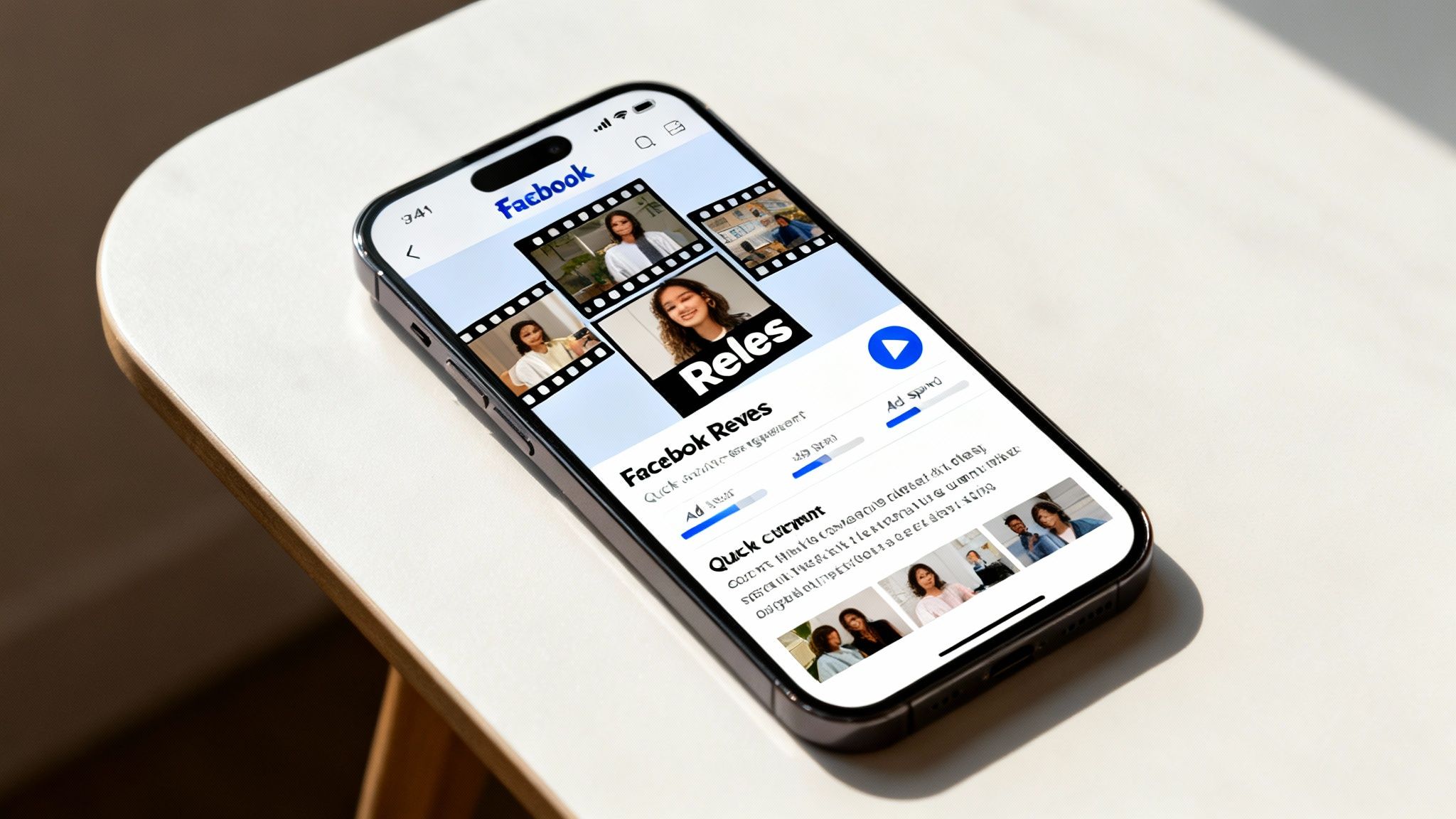 A smartphone displaying a Facebook-like social media feed with 'Reels' and various user profiles.