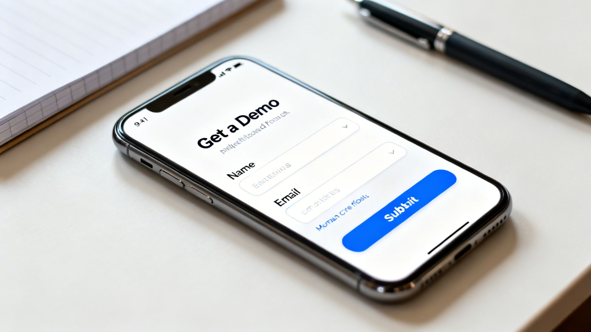 Close-up of an iPhone displaying a 'Get a Demo' form, resting on a white desk with a notebook and pen.