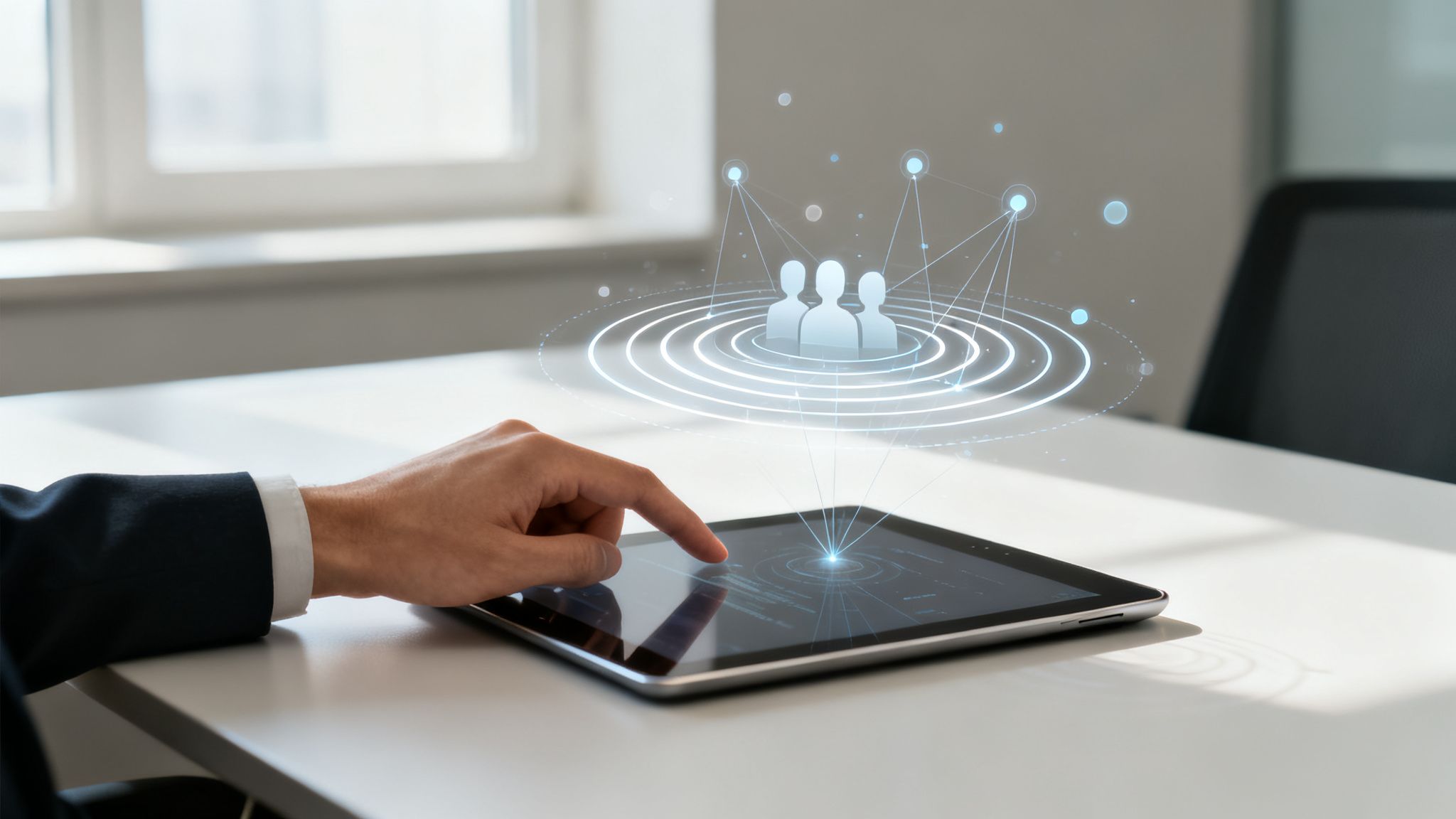 Hand touching a tablet displaying a holographic social network and user connection concept.
