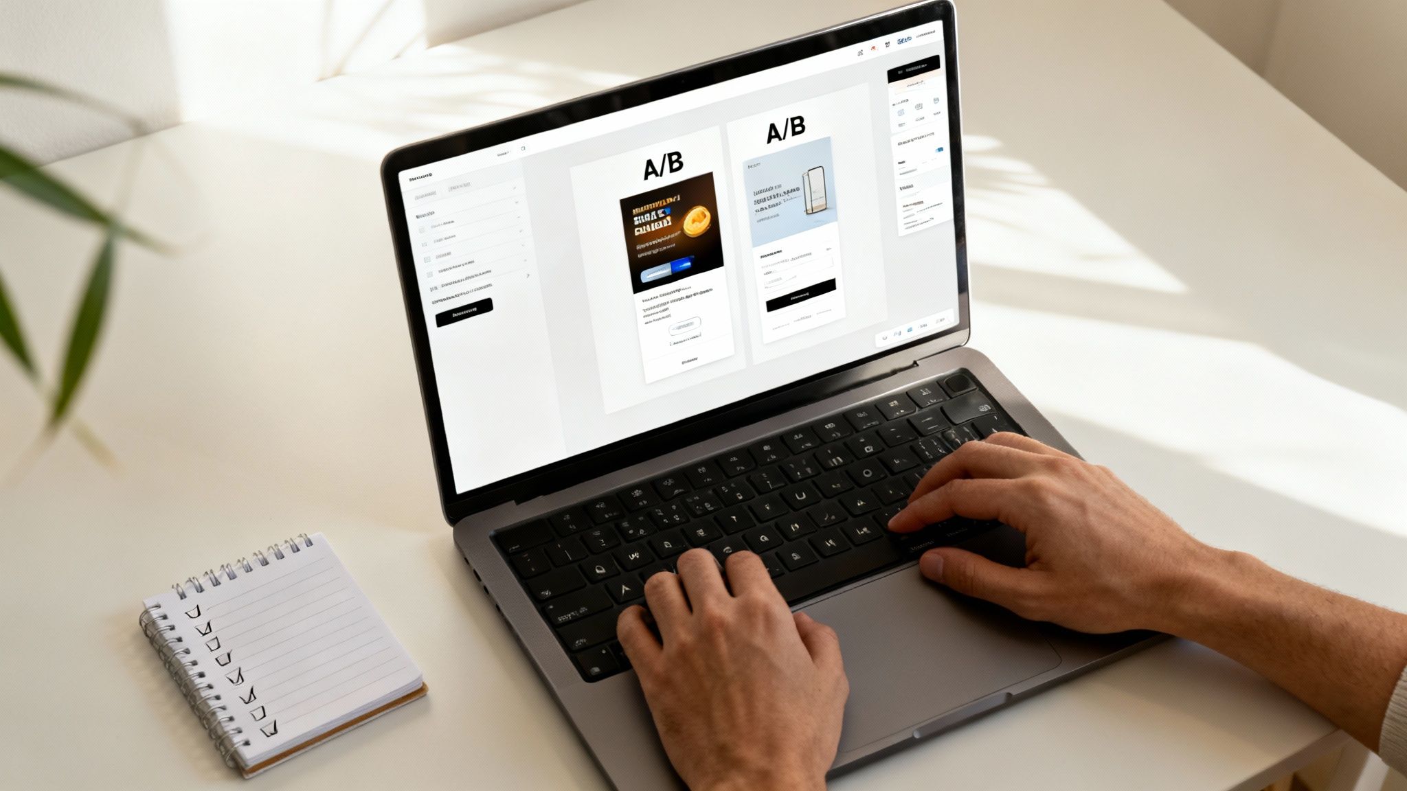 Hands typing on a laptop displaying two different web page designs for A/B testing.