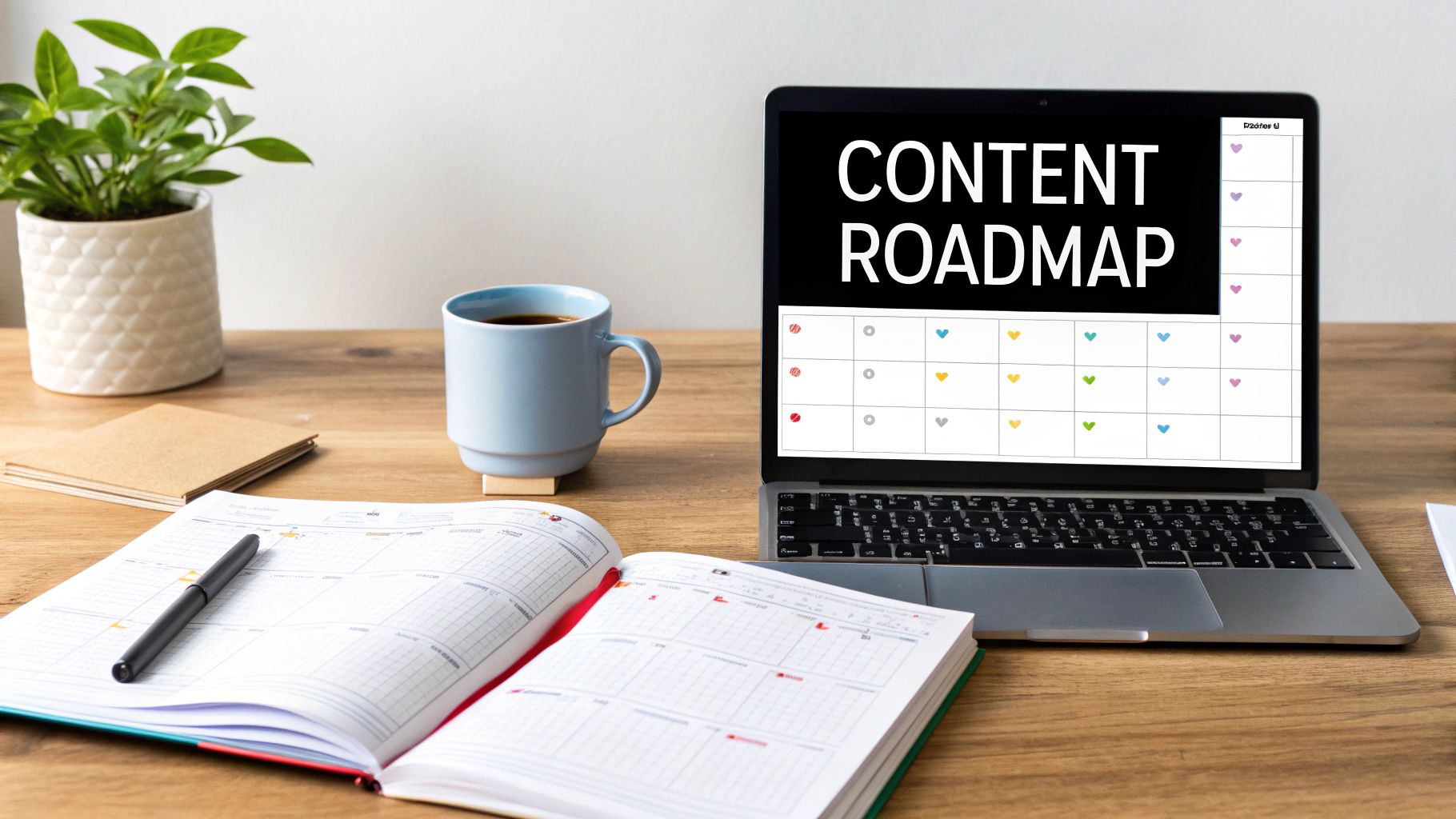 A desk with a laptop displaying 'CONTENT ROADMAP', alongside a coffee cup, plant, and open planner.