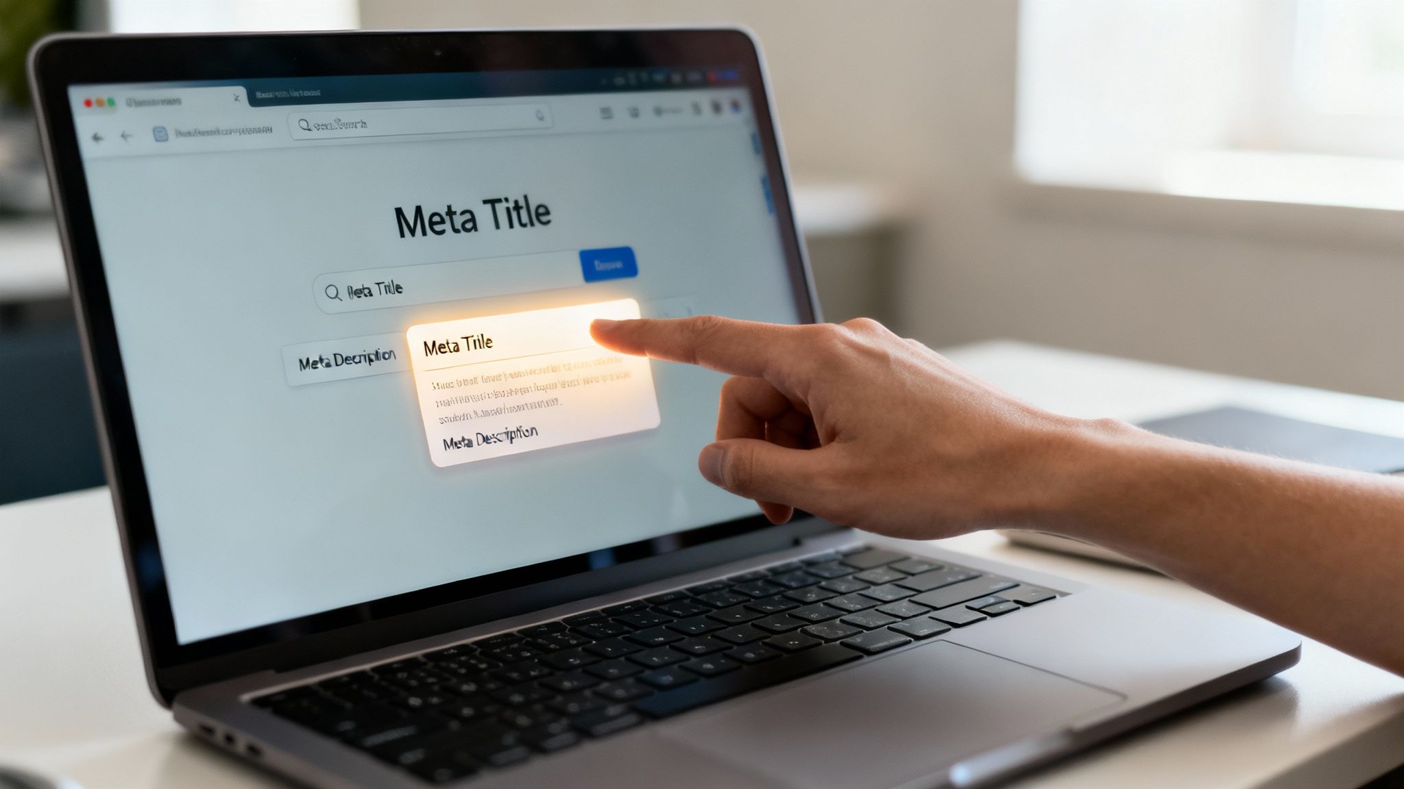A person's hand touches a laptop screen showing 'Meta Title' and 'Meta Description' fields for SEO.