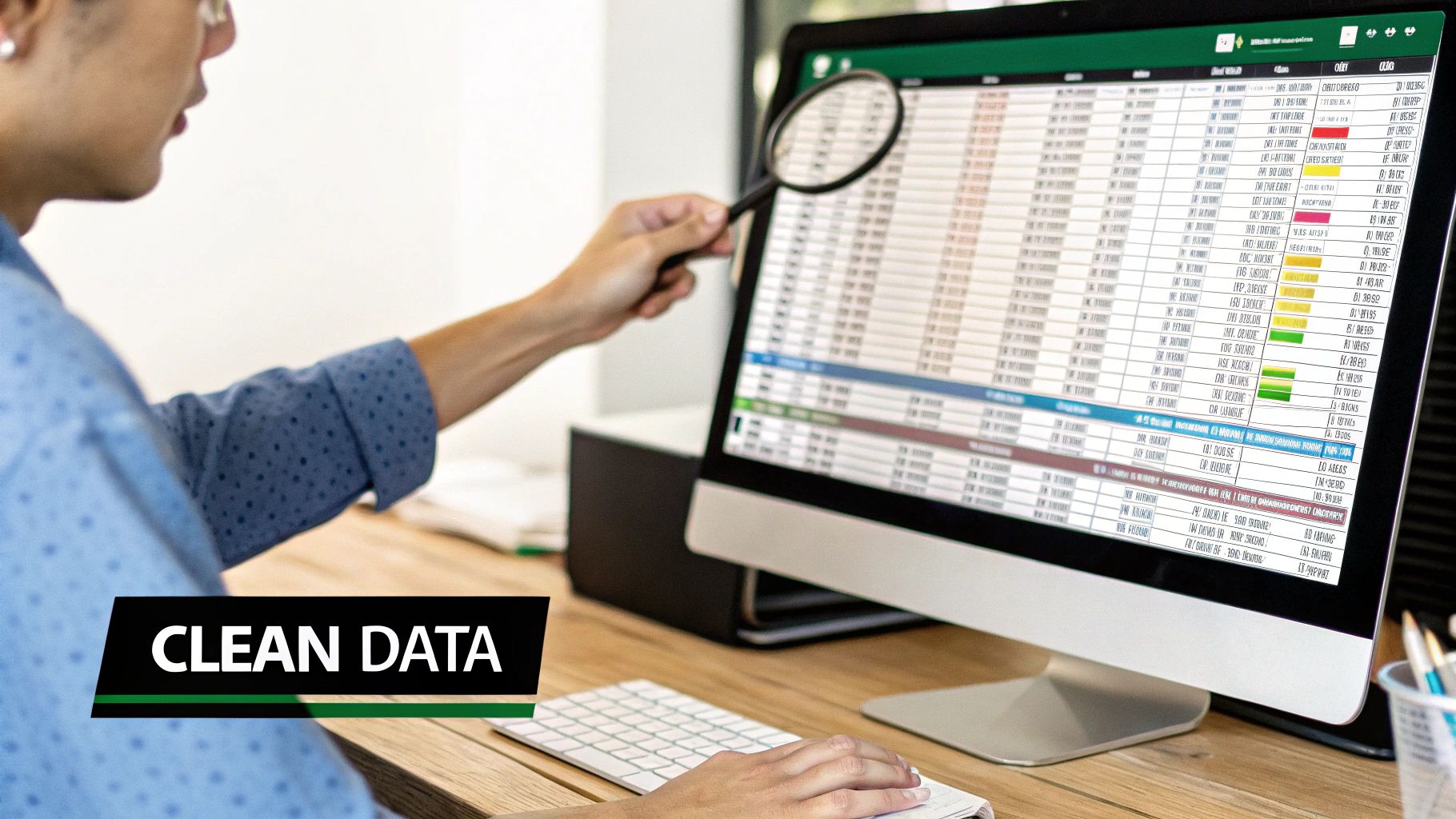 Person uses a magnifying glass to inspect a spreadsheet on a computer, highlighting the concept of clean data.