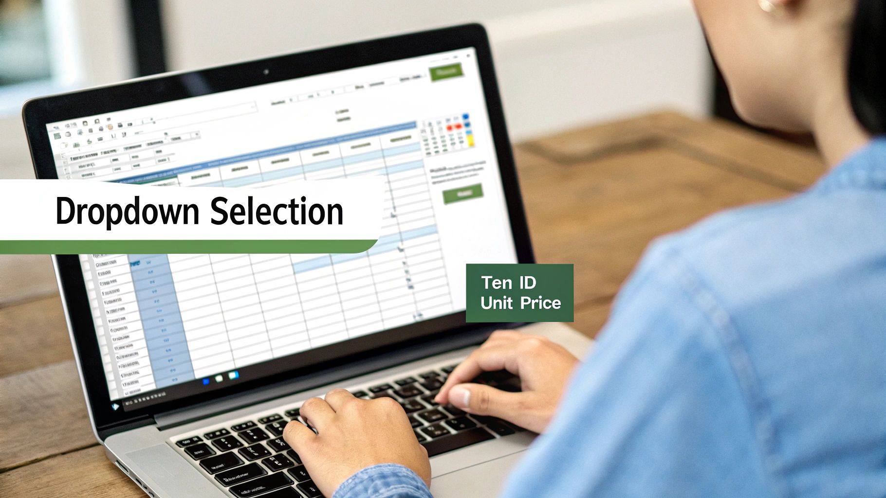 Person entering data into an Excel order form on a laptop, showing dropdown selections.