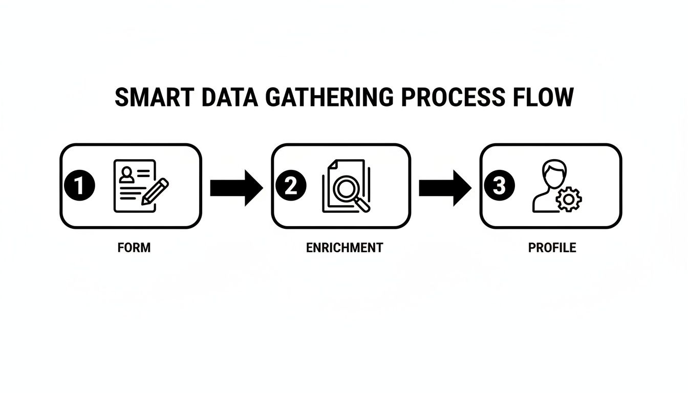 A smart data gathering process flow diagram illustrating steps: form, enrichment, and profile creation.