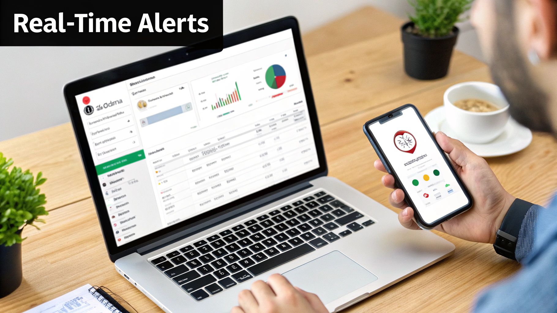 Person viewing real-time alerts on a smartphone and data dashboard on a laptop.