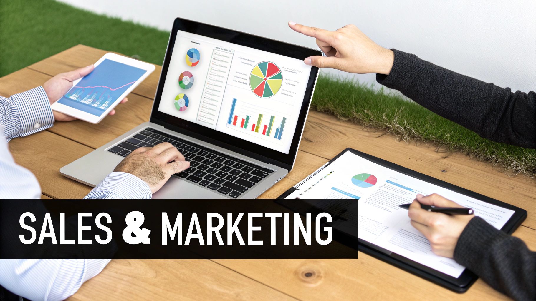 Two people analyzing sales and marketing data on a laptop, tablet, and paper documents.