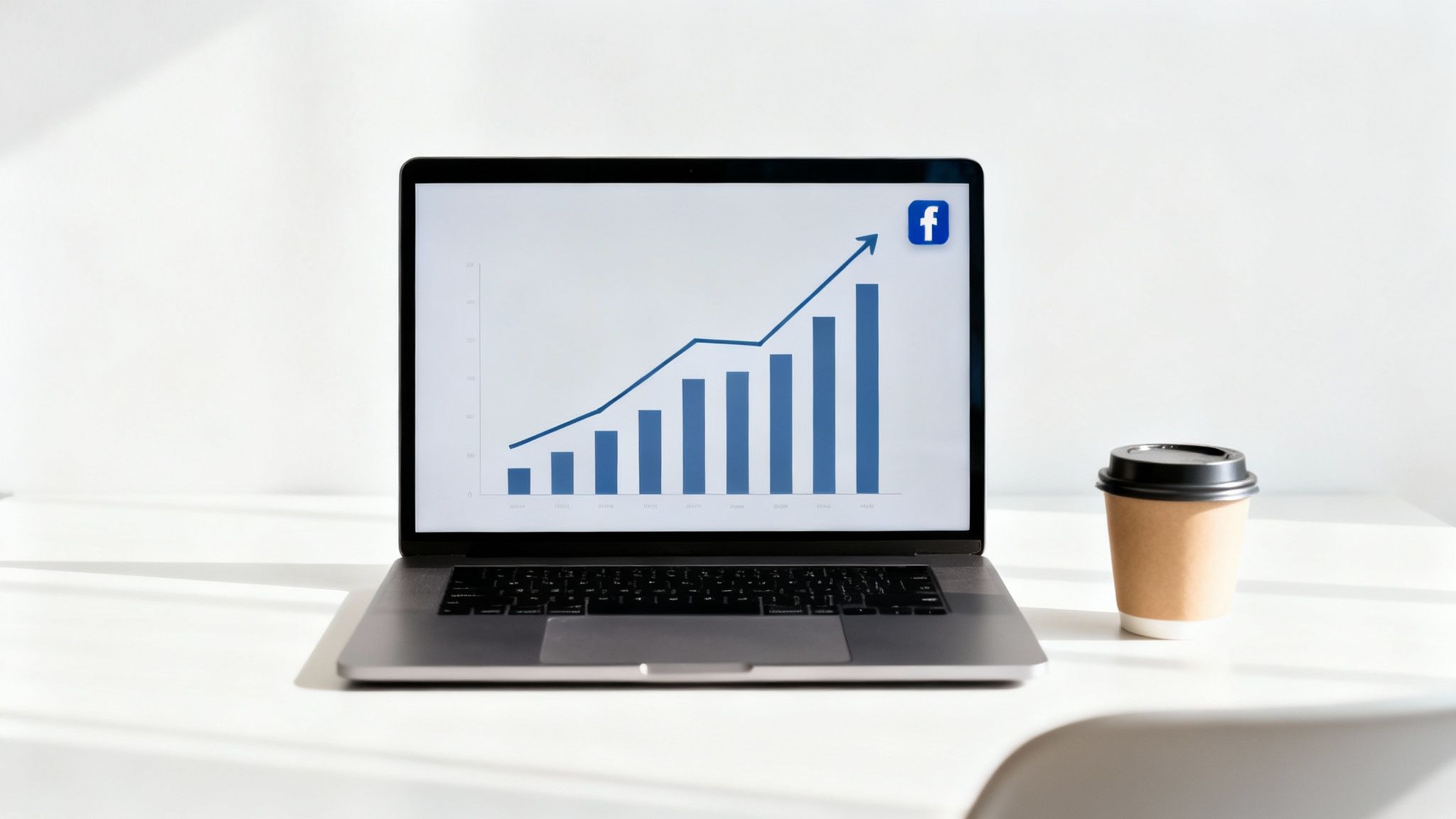 Laptop screen shows a Facebook growth chart with an upward trend, next to a coffee cup.