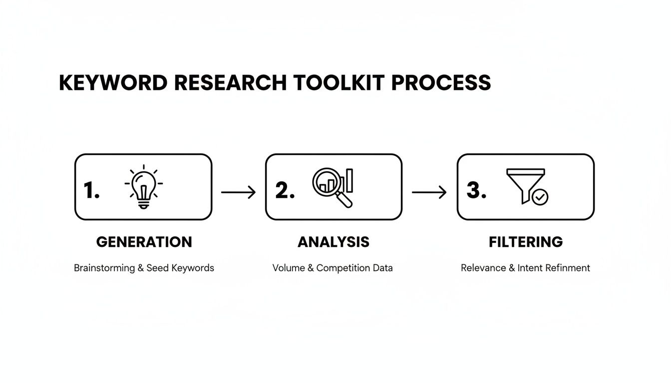 A diagram outlining a three-step keyword research toolkit process: generation, analysis, and filtering.