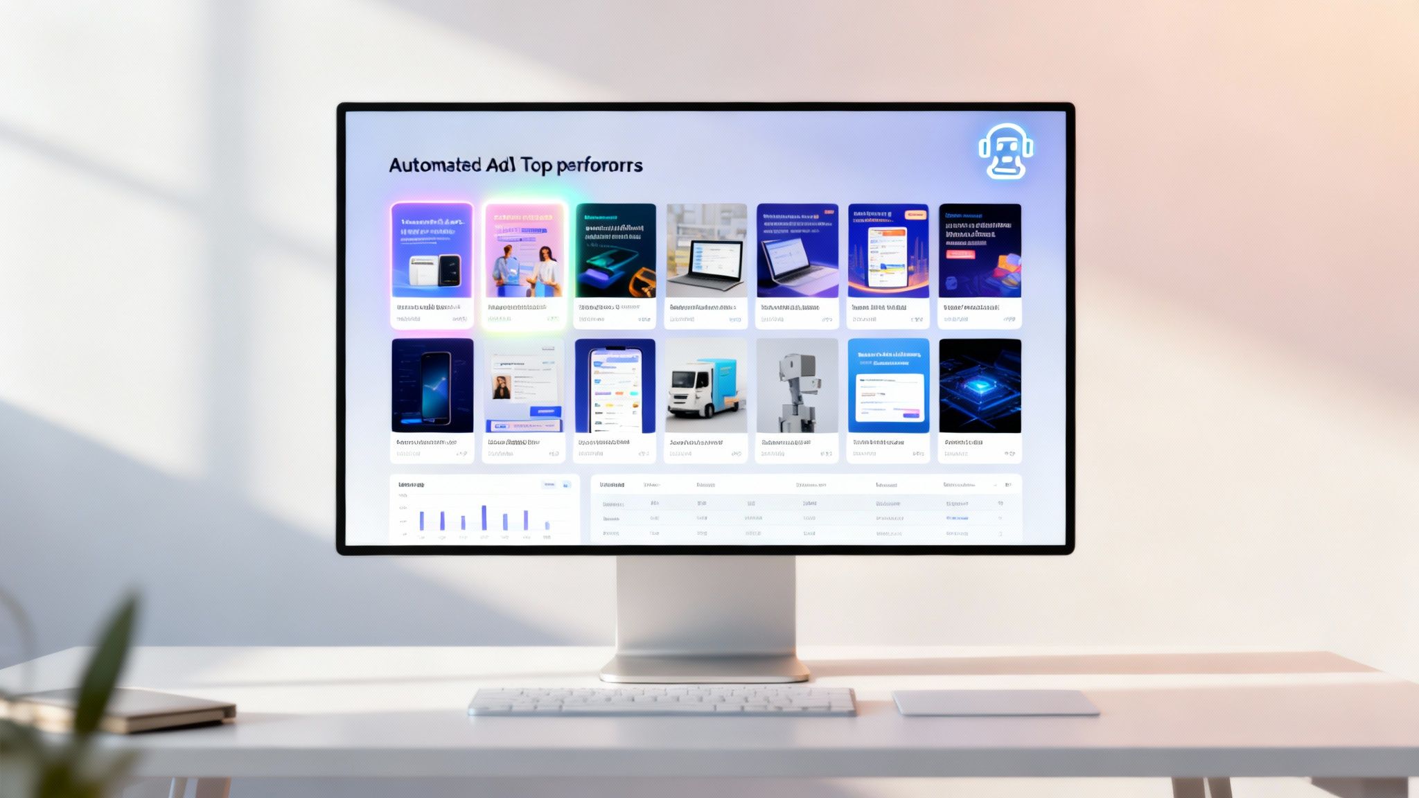 A computer monitor on a desk displaying an automated ad performance dashboard with various campaign visuals and data.