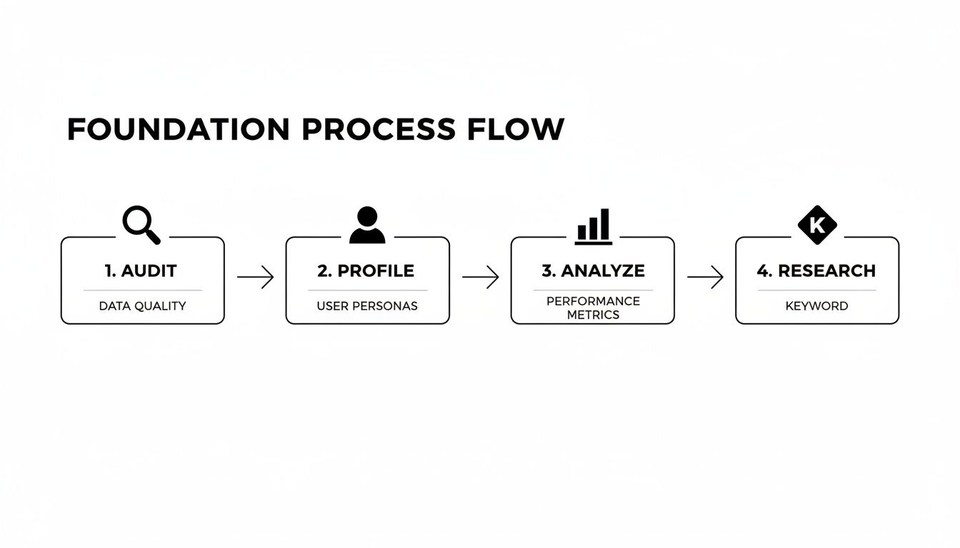 A four-step foundation process flow for marketing, including audit, profile, analyze, and research.