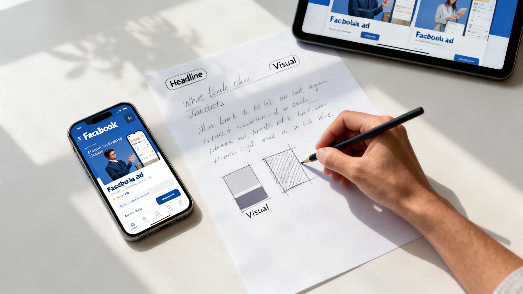 A hand sketches ad visuals on paper next to a smartphone and tablet displaying Facebook ads.