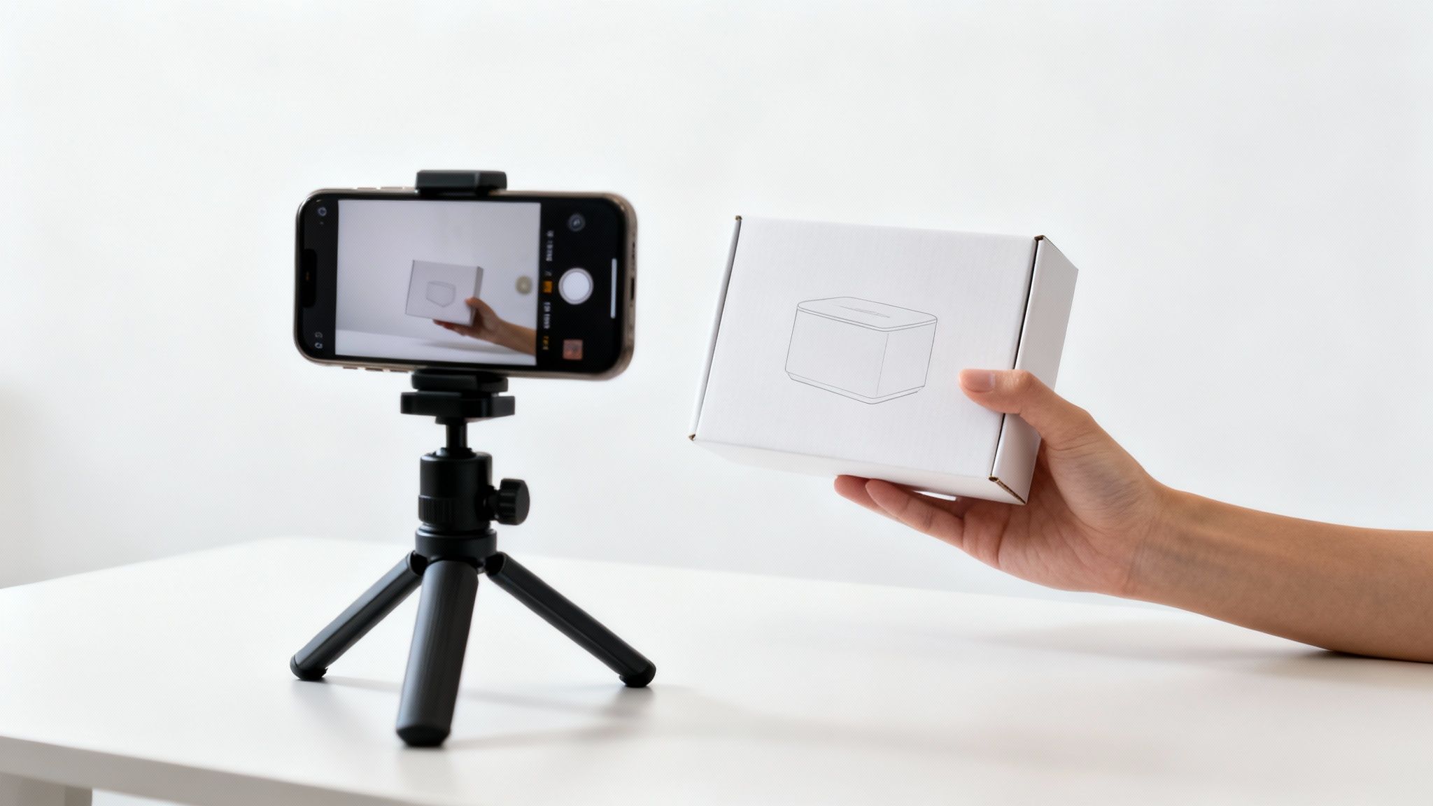 Smartphone on tripod filming a hand holding a white product box against a white background.