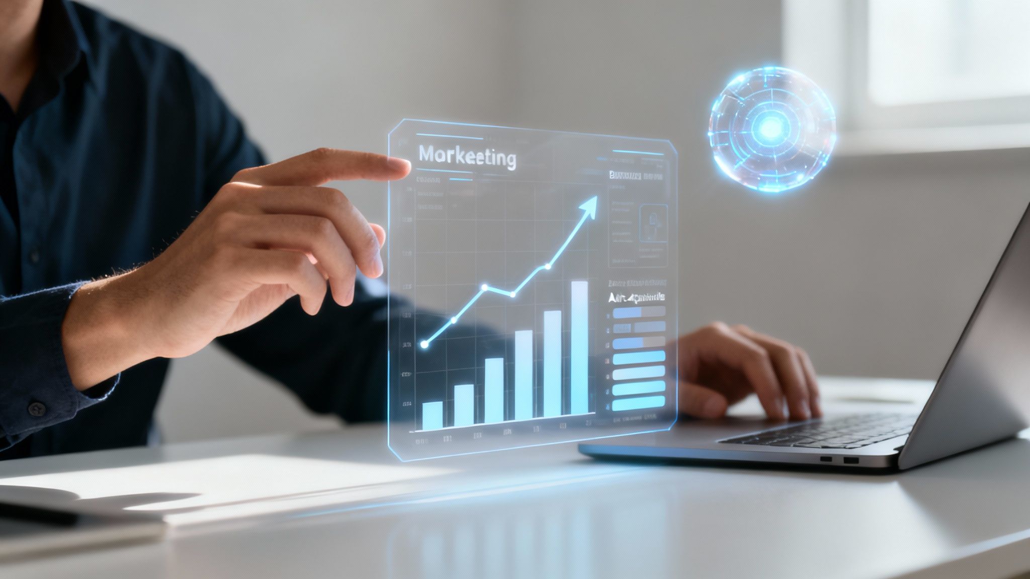 Person interacting with a futuristic holographic display showing marketing growth analytics and a laptop.
