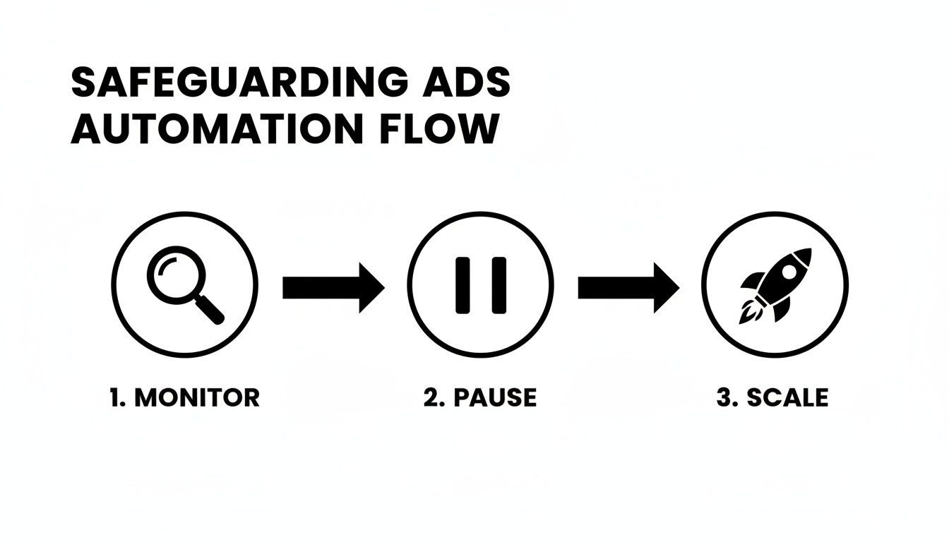 Flowchart illustrating safeguarding ads automation steps: monitor, pause, and scale for effective ad management.