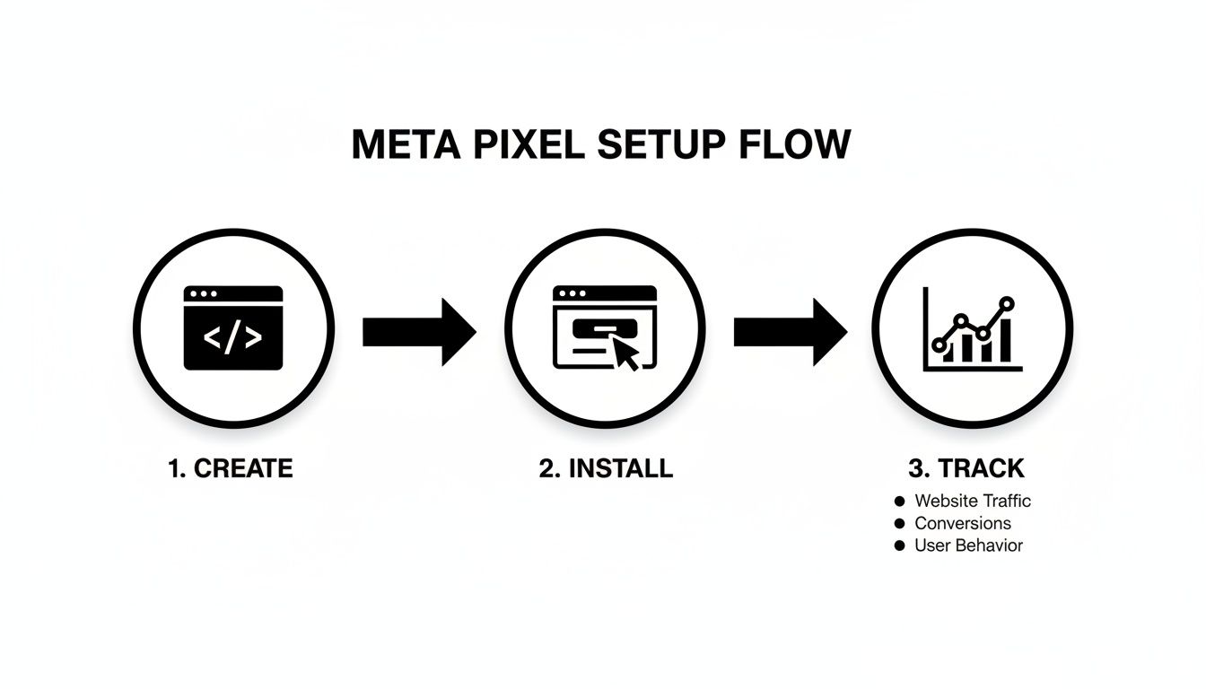Diagram illustrating the Meta Pixel setup flow, detailing steps to create, install, and track data.