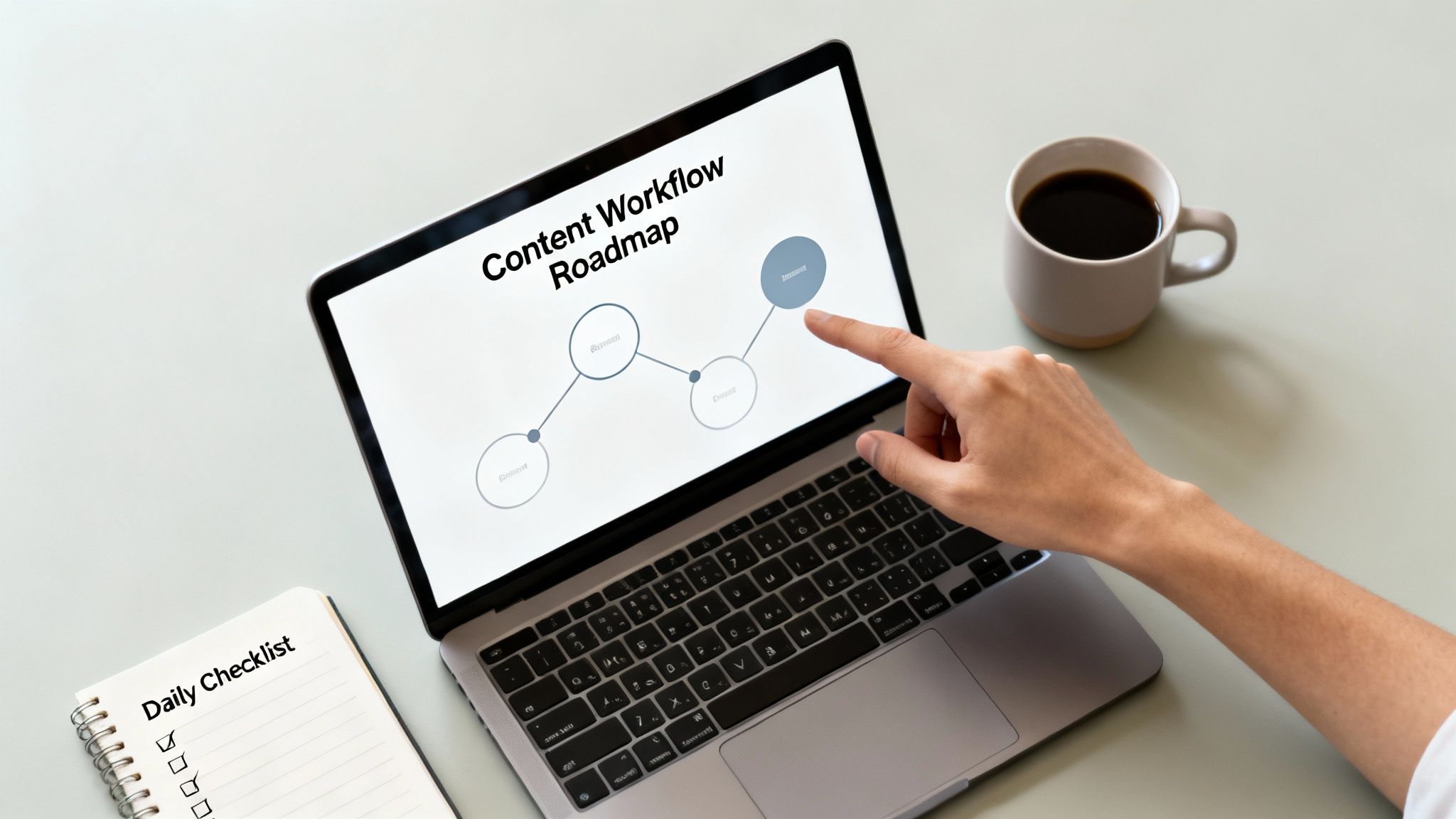 A hand points at a laptop screen displaying a 'Content Workflow Roadmap' diagram with a checklist and coffee nearby.