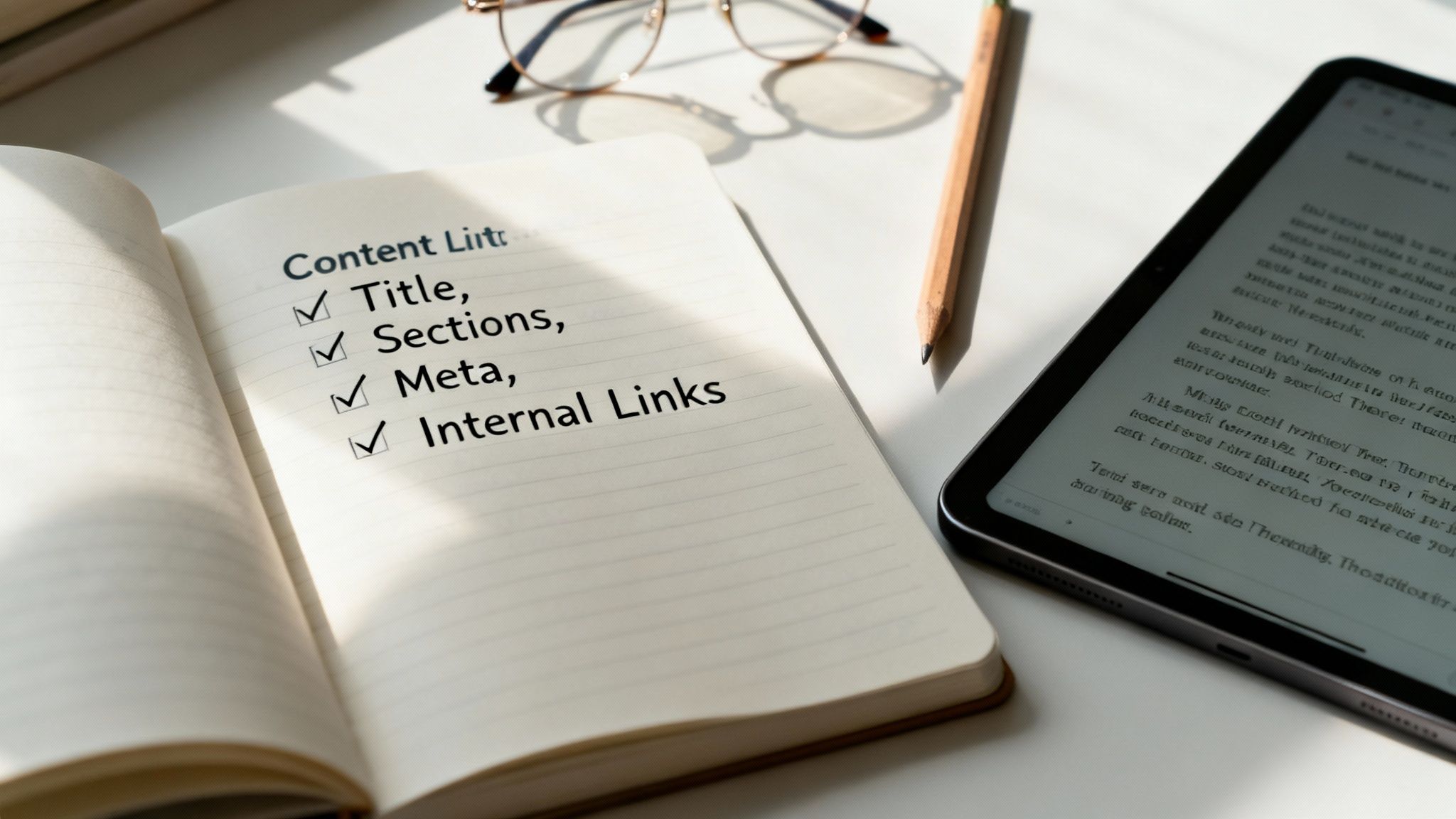 An open notebook with a content checklist for Title, Sections, Meta, and Internal Links, next to a tablet and glasses.