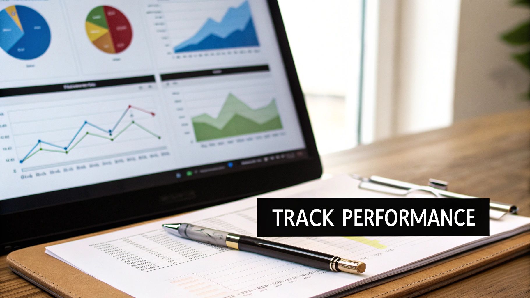 A laptop displays charts and graphs for data analysis, with a clipboard, pen, and 'TRACK PERFORMANCE' text.