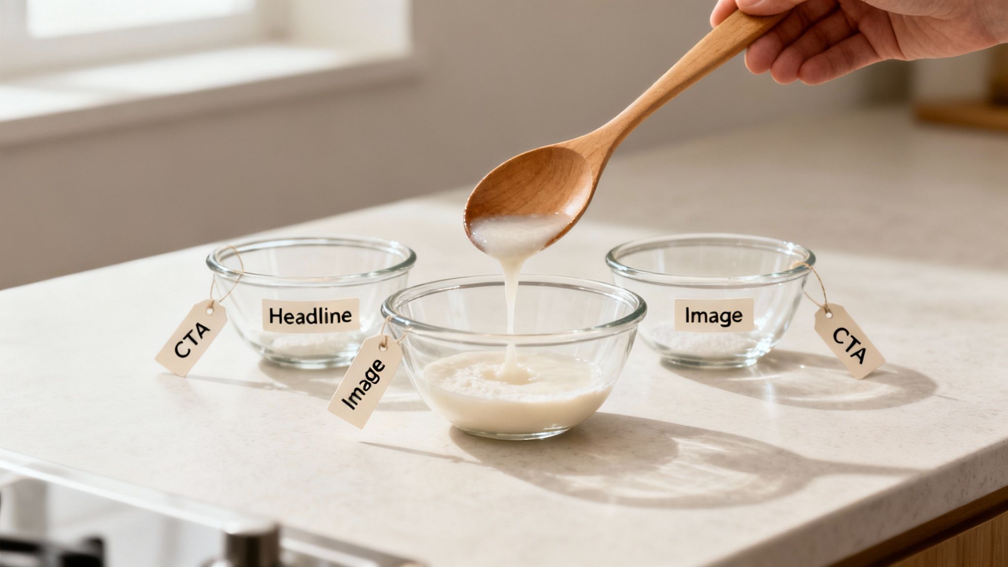 A hand pours liquid from a spoon into bowls labeled 'Headline,' 'Image,' and 'CTA' representing multivariate testing.