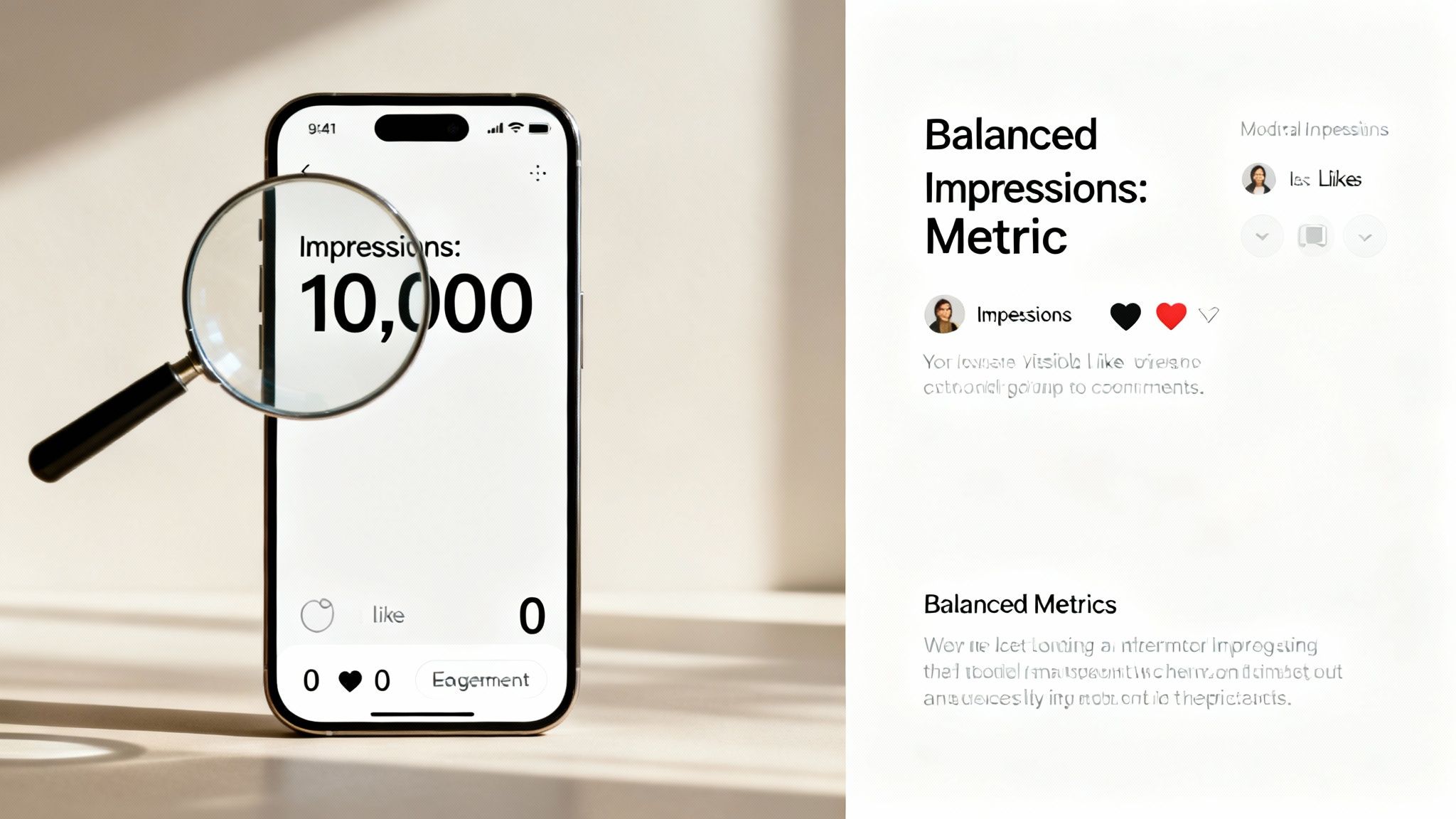 A smartphone displaying 'Impressions: 10,000' magnified, illustrating social media engagement and metrics.