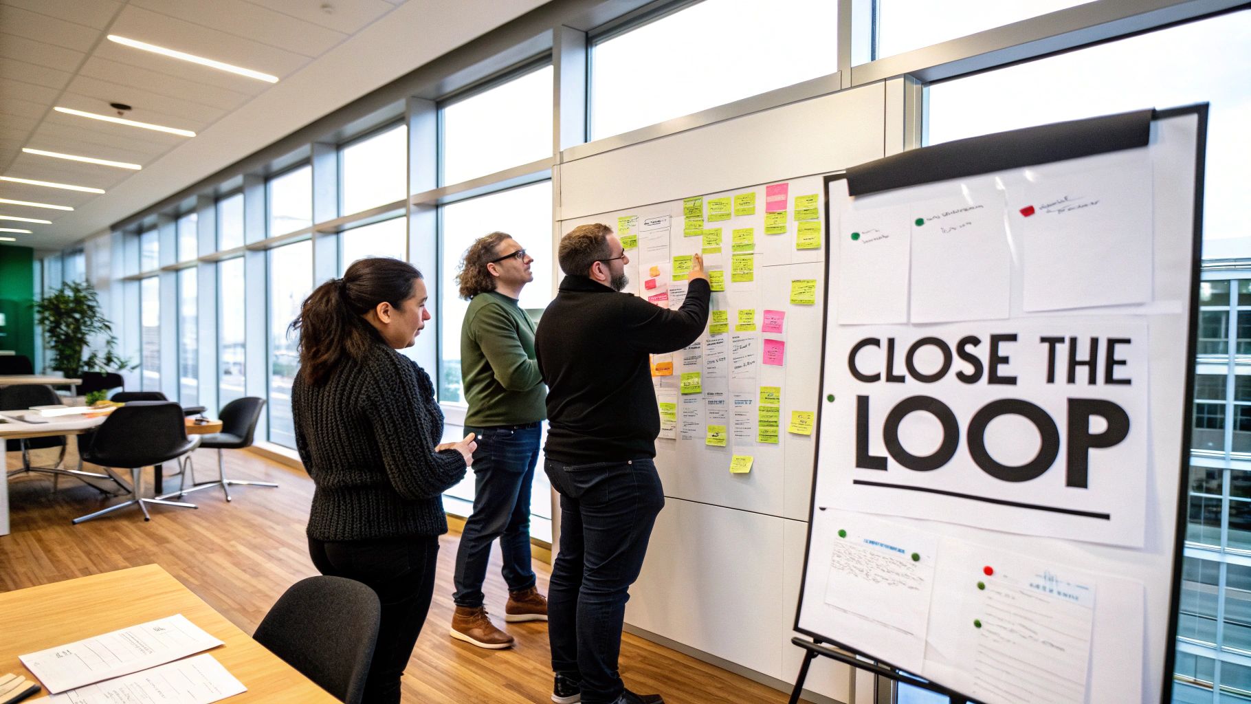 Three colleagues collaborate in a modern office, discussing ideas on a whiteboard with sticky notes.