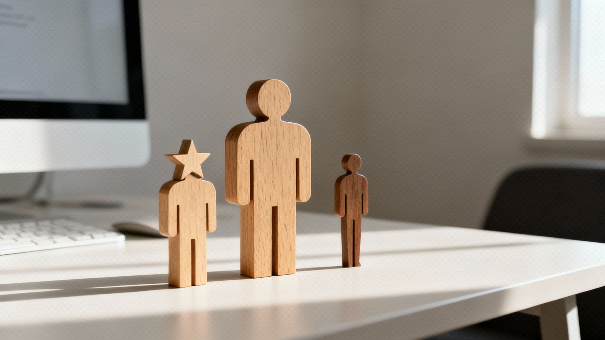 Three wooden human figures, one with a star, symbolizing talent and hierarchy on an office desk.