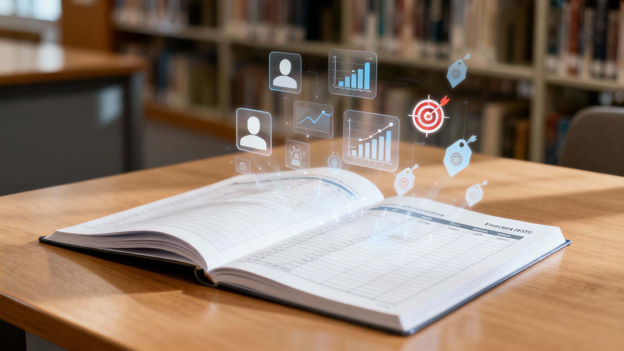 An open notebook on a wooden desk with glowing holographic business icons, charts, and targets floating above.