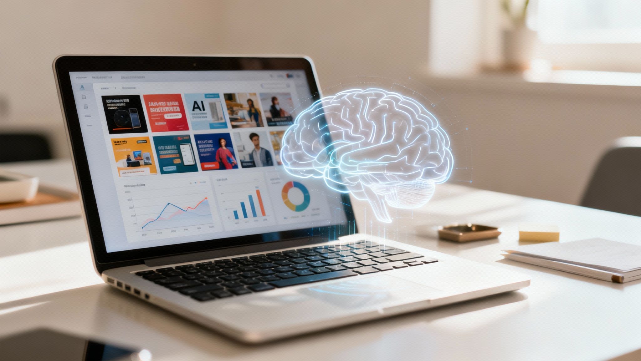 Laptop displaying digital marketing dashboard with AI visuals and a glowing brain hologram, symbolizing creative intelligence.