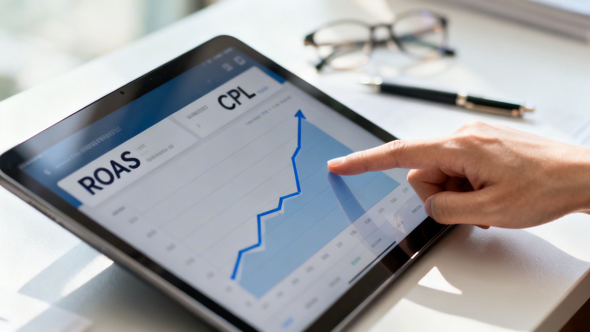 A hand touches a tablet displaying a financial graph showing an upward trend for ROAS and CPL.