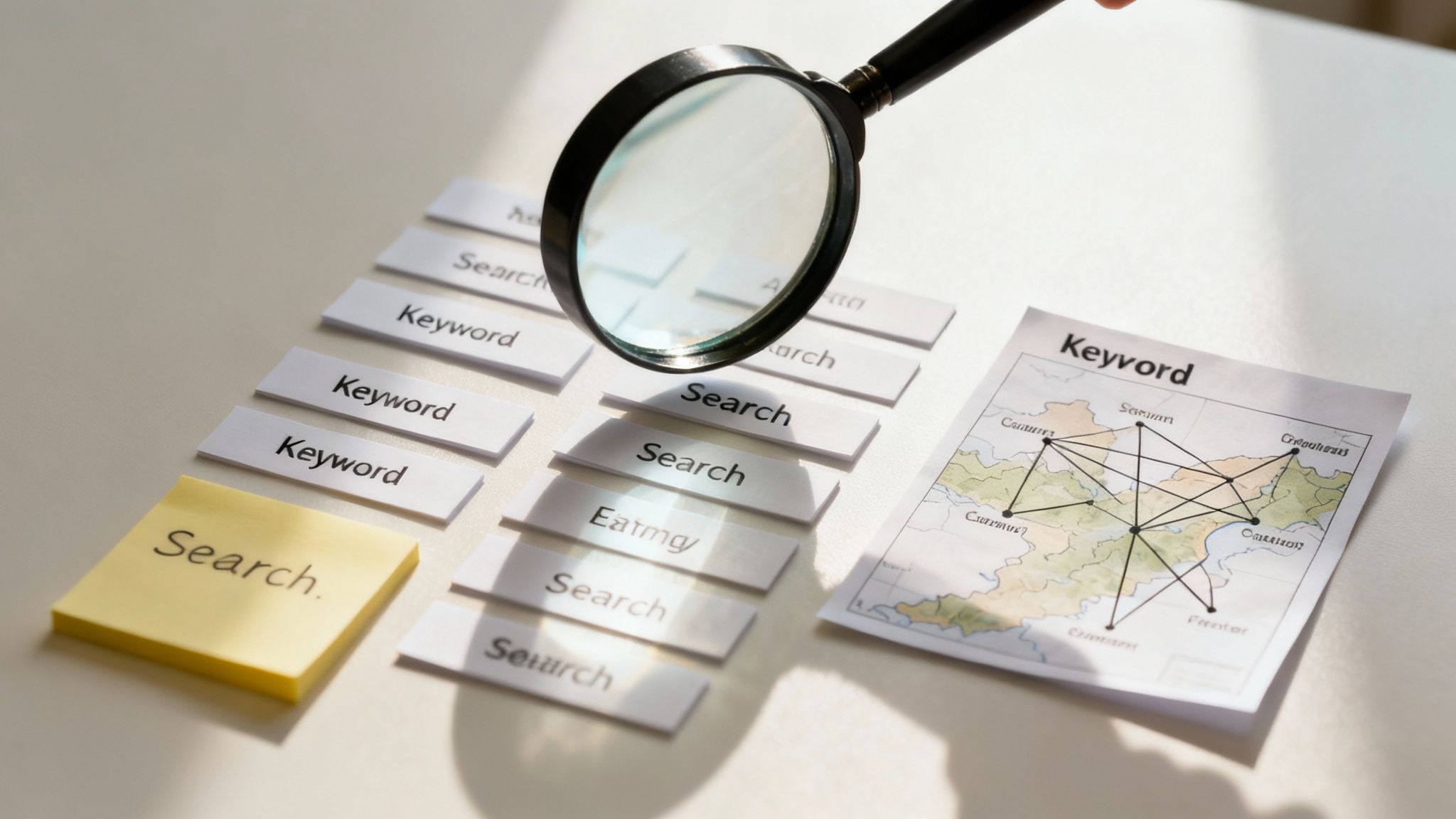A magnifying glass hovering over a digital landscape, symbolizing keyword discovery.