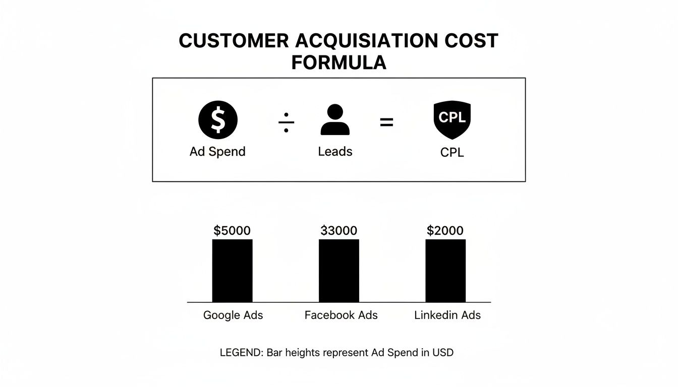 Customer Acquisition Cost Formula, showing Ad Spend divided by Leads equals CPL, with a bar chart of ad spend across Google, Facebook, and LinkedIn ads.