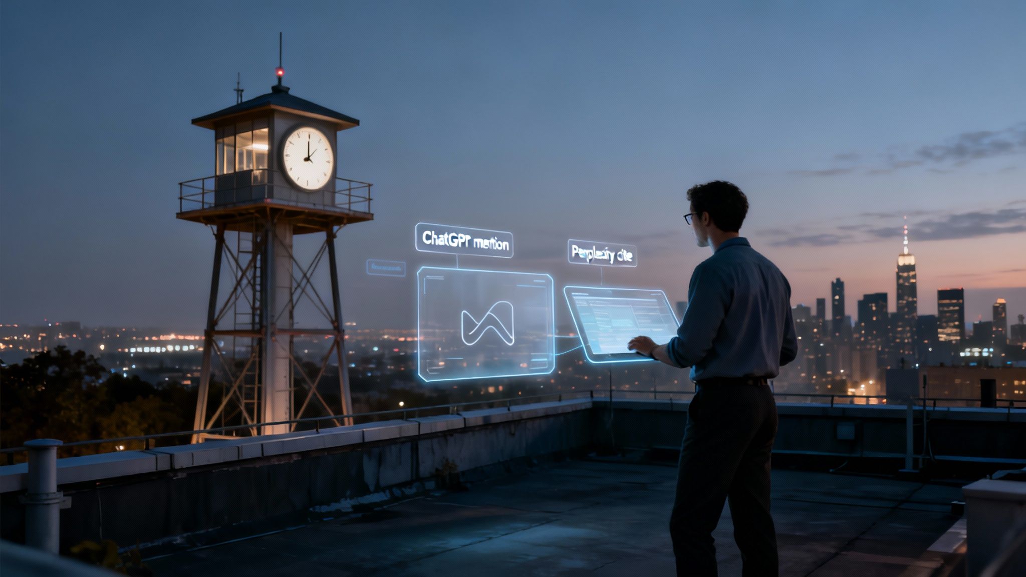 Man interacts with holographic AI tools like ChatGPT and Perplexity on a rooftop overlooking a city at dusk.