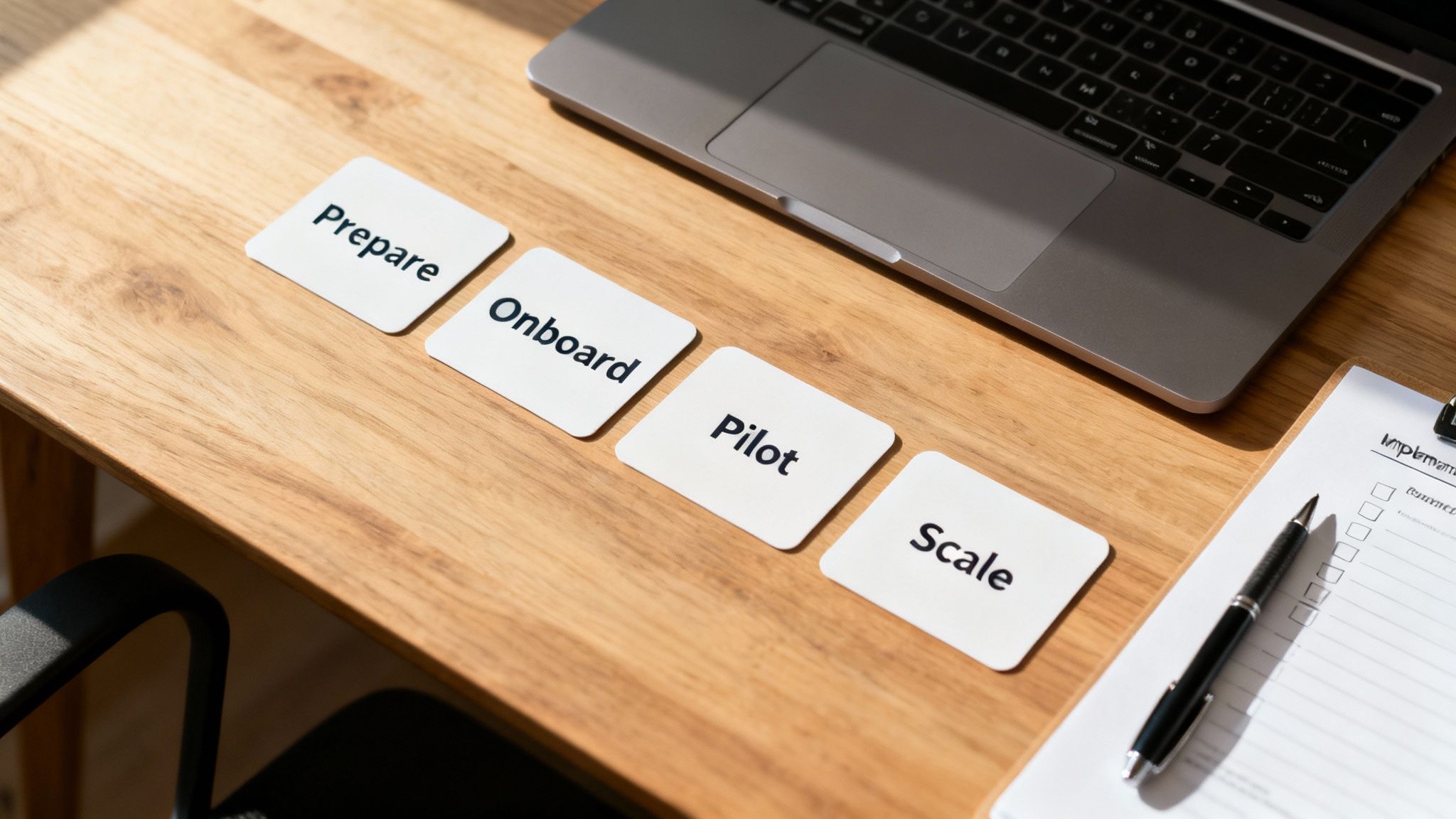 A series of cards displaying 'Prepare, Onboard, Pilot, Scale' on a desk with a laptop and checklist, illustrating process steps.