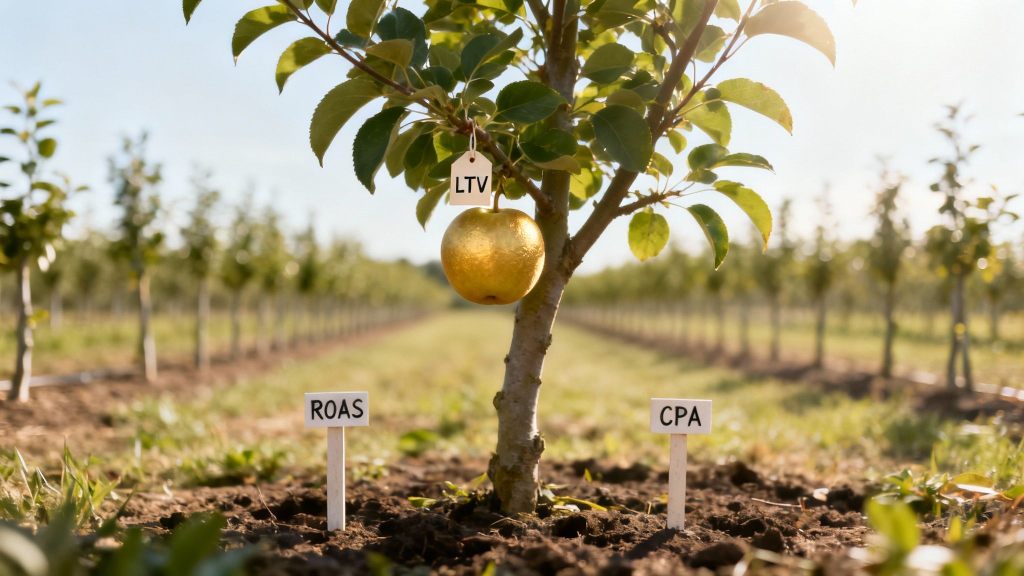 A small tree with a golden apple tagged 'LTV', and signs for 'ROAS' and 'CPA' in the soil.