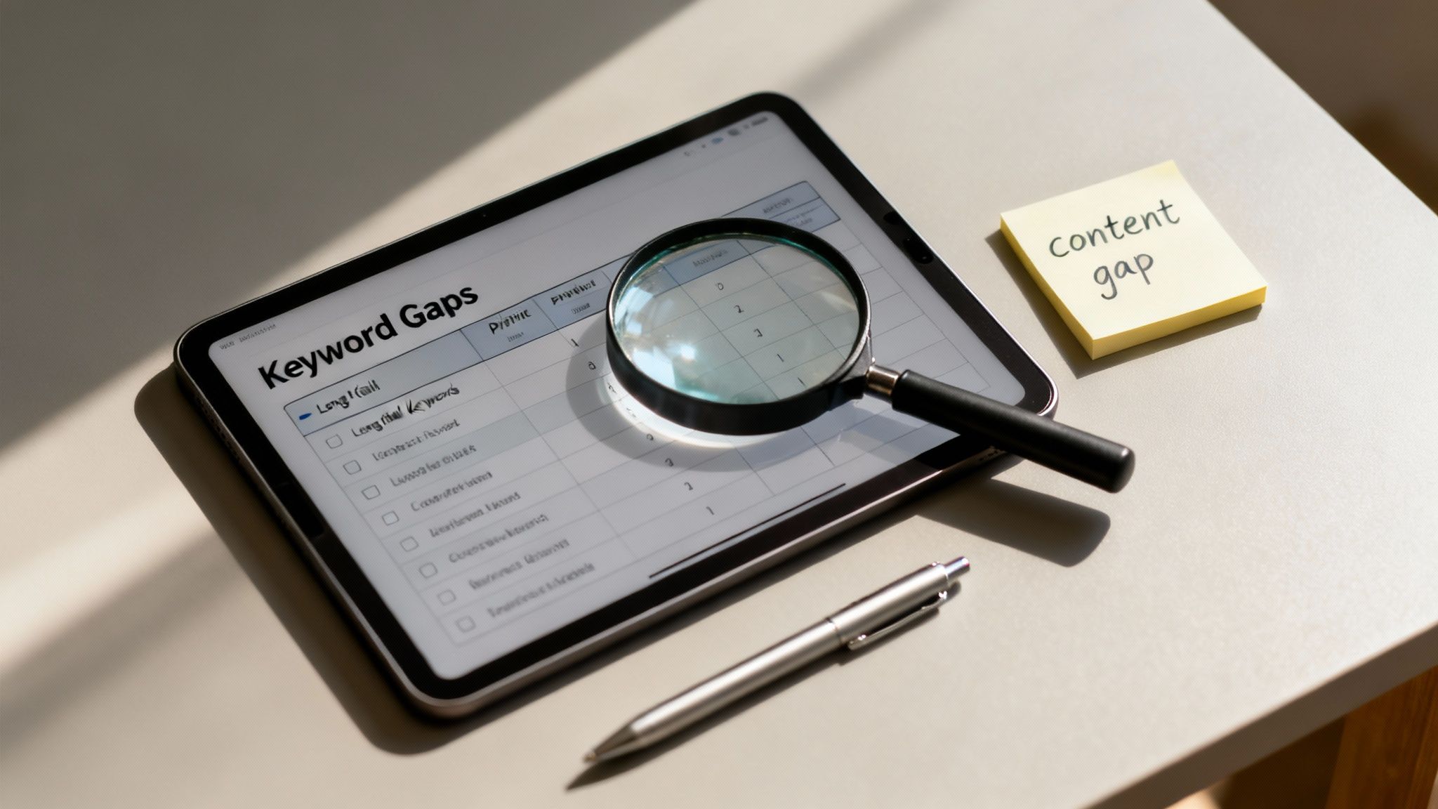 A tablet displays a 'Keyword Gaps' analysis, with a magnifying glass and a 'content gap' sticky note.