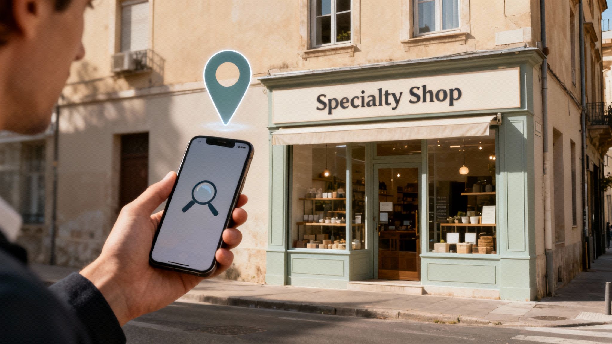A person uses a smartphone with a search icon to find a 'Specialty Shop' on a city street.