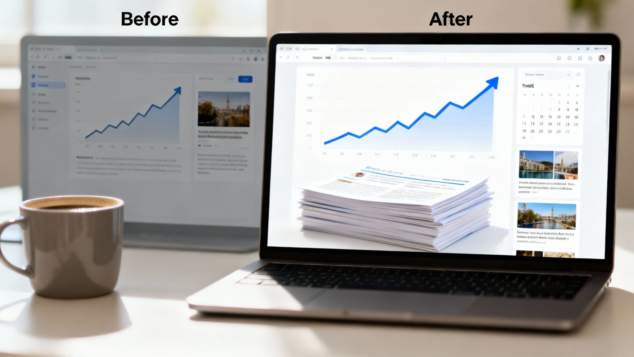 A comparison of two laptops, 'Before' and 'After', showing improved screen clarity and vibrant digital content.