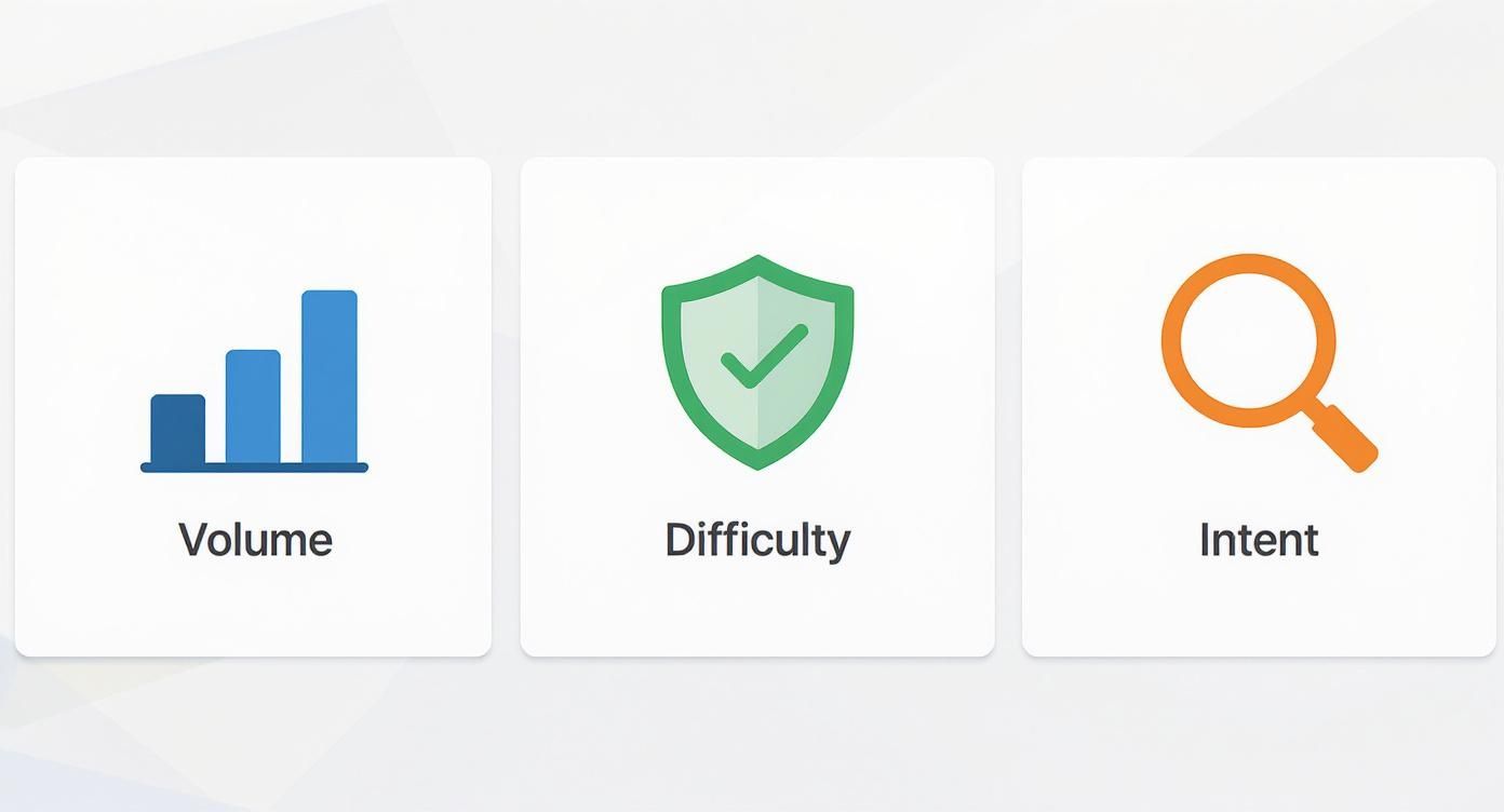 Three cards illustrating keyword research metrics: Volume (bar chart), Difficulty (shield), and Intent (magnifying glass).